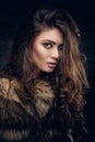 Brunette woman with long curly hair dressed in a fur coat. Royalty Free Stock Photo