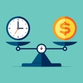 Time is money. Scales icon in flat style. Libra symbol, balance sign. Time management. Dollar and clock icons. Vector design eleme