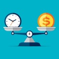 Time is money. Scales icon in flat style. Libra symbol, balance sign. Time management. Dollar and clock icons. Vector design eleme