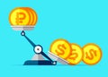 The ratio of the exchange rate. Preponderance of dollar against ruble. Money icons on libra in flat style. Scales symbol, balance