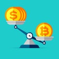 The ratio of the exchange rate. Preponderance of bitcoin against dollars. Money icons on libra in flat style. Scales symbol, balan Royalty Free Stock Photo