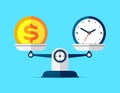 Time is money. Scales icon in flat style. Libra symbol, balance sign. Time management. Dollar and clock icons. Vector design eleme