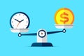 Time is money. Scales icon in flat style. Libra symbol, balance sign. Time management. Dollar and clock icons. Vector design eleme