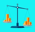 A pile of coins outweighed another. Money icons on scales in flat style. Libra symbol, balance sign. Vector business elements for