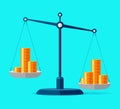 A pile of coins outweighed another. Money icons on scales in flat style. Libra symbol, balance sign. Vector business elements for Royalty Free Stock Photo