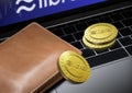 Libra Cryptocurrency digital golden coins with wallet on notebook with Libra logo on the screen, Libra blockchain cryptocurrency Royalty Free Stock Photo