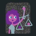 Libra. Funny zodiac sign. Colorful vector illustration of pink-violet girl with scales in hand-drawn sketch style on