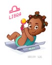 LIBRA horoscope sign. African American Baby Girl lies on the scales and playing rattle. LIBRA zodiac sign Royalty Free Stock Photo