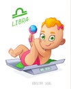 LIBRA horoscope sign. Baby Girl lies on the scales and playing rattle. LIBRA zodiac sign. Royalty Free Stock Photo