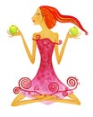 Libra, Young barefoot woman with red hair in a pink dress with green apple as a symbol of the zodiac sign Libra. Isolated on