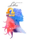Libra zodiac sign. Beautiful girl silhouette. Watercolor illustration. Horoscope series Royalty Free Stock Photo