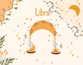 Libra zodiac sign. Bright banner with Libra, moon, stars, flowers, and leaves. Astrological sign of the zodiac. Vector Royalty Free Stock Photo