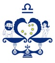 Libra zodiac sign. Cute cartoon man and woman stand on the scales. Concept: gender Equality; emancipation