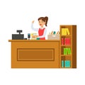 Librarian At Her Workplace With Bookshelves, Smiling Person In The Library Vector Illustration Royalty Free Stock Photo