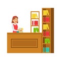 Librarian Putting The Books Back On Bookshelf, Smiling Person In The Library Vector Illustration Royalty Free Stock Photo