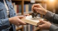 Librarian\'s hands stamping a book for a student, signifying a loan or return in a library setting Royalty Free Stock Photo