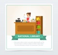 Librarian woman at service desk banner, education, school, study and literature concept, national library flat vector