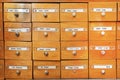 Library of account cards. File cabinet for library cards. Vintage cabinet. Cells for storing information, database