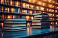 Library ambiance, back to school concept, book stack, blurred bookshelf background