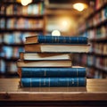 Library ambiance, back to school concept, book stack, blurred bookshelf background