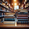 Library ambiance, back to school concept, book stack, blurred bookshelf background