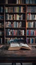 Library ambiance empty wooden tabletop against blurred library interior Royalty Free Stock Photo