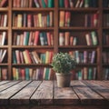 Library ambiance empty wooden tabletop against blurred library interior Royalty Free Stock Photo