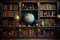 Library ambiance with vintage bookshelf, antique books, and globe decor