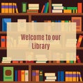 Library background, banner with bookshelves and welcome message