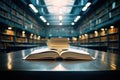 Library background with blurry lights, books stacked on open book on table. Generative ai Royalty Free Stock Photo