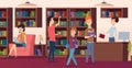 Library background. Bookshelves in school biblioteca students chose a books vector pictures