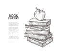 Library background. Hand drawing retro books and apple. School education, reading and knowledge vector concept
