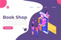Library or Book Shop mobile online isometric concept. Micro people buying books. Royalty Free Stock Photo