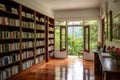 library, with books and reading materials on shelves, surrounded by peaceful and tranquil setting