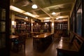 library, with bookshelves and reading nooks, during early morning hours