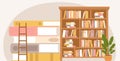 Library or bookstore concept. Wooden bookshelf and giant books pile. Knowledge, study and education vector scene. Book Royalty Free Stock Photo