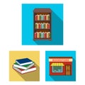 Library and bookstore flat icons in set collection for design. Books and furnishings vector symbol stock web