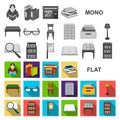 Library and bookstore flat icons in set collection for design. Books and furnishings vector symbol stock web