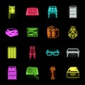 Library and bookstore neon icons in set collection for design. Books and furnishings vector symbol stock web Royalty Free Stock Photo