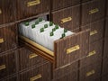 Library catalogue wooden drawer with letters. 3D illustration