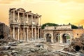 Library of Celsus in Ephesus under yellow sky Royalty Free Stock Photo