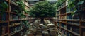 Library Chaos: A Tree of Knowledge Amidst the Books. Concept Bookworm Sanctuary, Literary Haven,