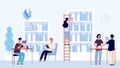 Library concept. Students coworking space. University college library, vector flat people characters