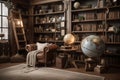 Library: Create a set of images that showcase a cozy, well - stocked library. Generative AI