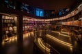 a library, with creative lighting illuminating the bookshelves