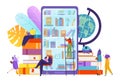 Library with digital book technology, vector illustration. Online education knowledge in smartphone, study literature at