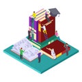 Library, education vector isometric concept. Illustration of students and books, self education