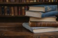 Library essentials stack of books over wooden table for education