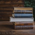 Library essentials stack of books over wooden table for education