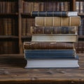 Library essentials stack of books over wooden table for education